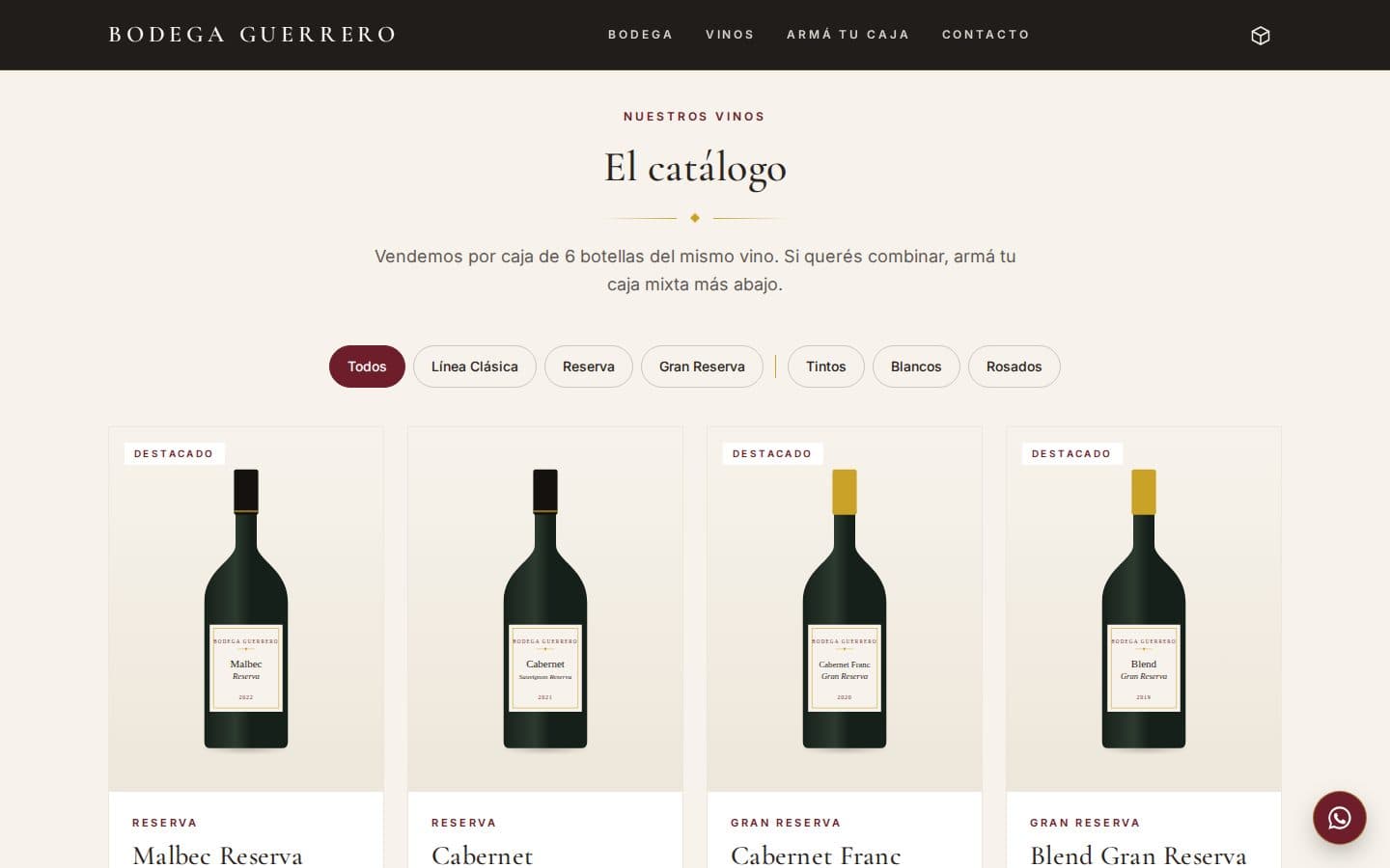 Bodega Guerrero: Catálogo con filtros por línea y tipo