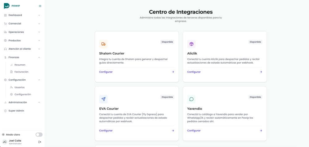 Powip: Centro de integraciones: cada proveedor se configura por empresa