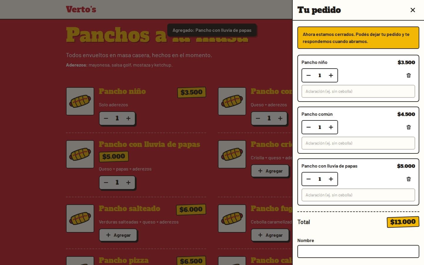 Verto's: Carrito y armado del pedido